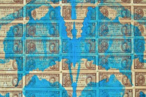 8. Acrylic on paper (Hong Kong money) on board, 24 x 24 inches, marked Blue Ror H.K. cents (Don's) on back (probably 1990)