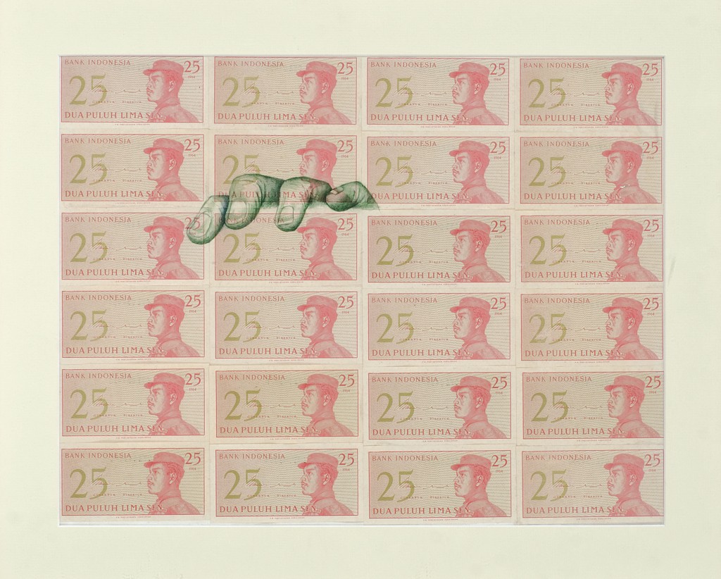 96. Acrylic on paper (Indonesian money) on board, 13.25 x 17.25 inches, 18.75 x 22.75 inches framed, private collection