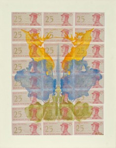 Acrylic on paper (Indonesian money) on board, 17 x 12.75 inches, 22.5 x 18.25 inches framed, private collection