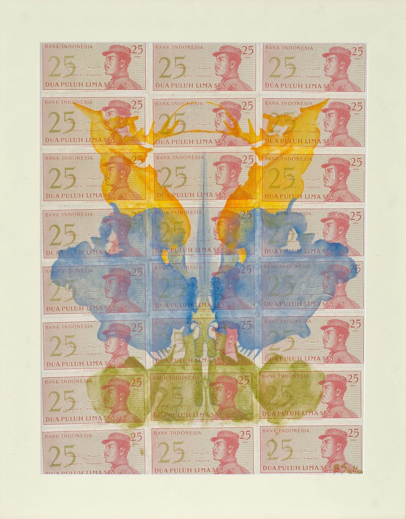 7. Acrylic on paper (Indonesian money) on board, 17 x 12.75 inches, 22.5 x 18.25 inches framed, signed B. Sullivan on front, private collection