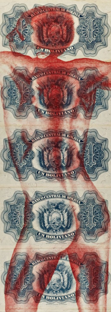 73. Acrylic on paper (Bolivian money) on wood, 12 x 4.375 inches, signed Barbara Sullivan on back