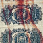 73. Acrylic on paper (Bolivian money) on wood, 12 x 4.375 inches, signed Barbara Sullivan on back (detail)