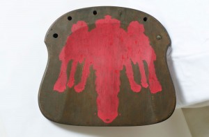102. Acrylic on wooden chair seat, 16.5 x 19 inches, signed Barbara Sullivan 1990 on back